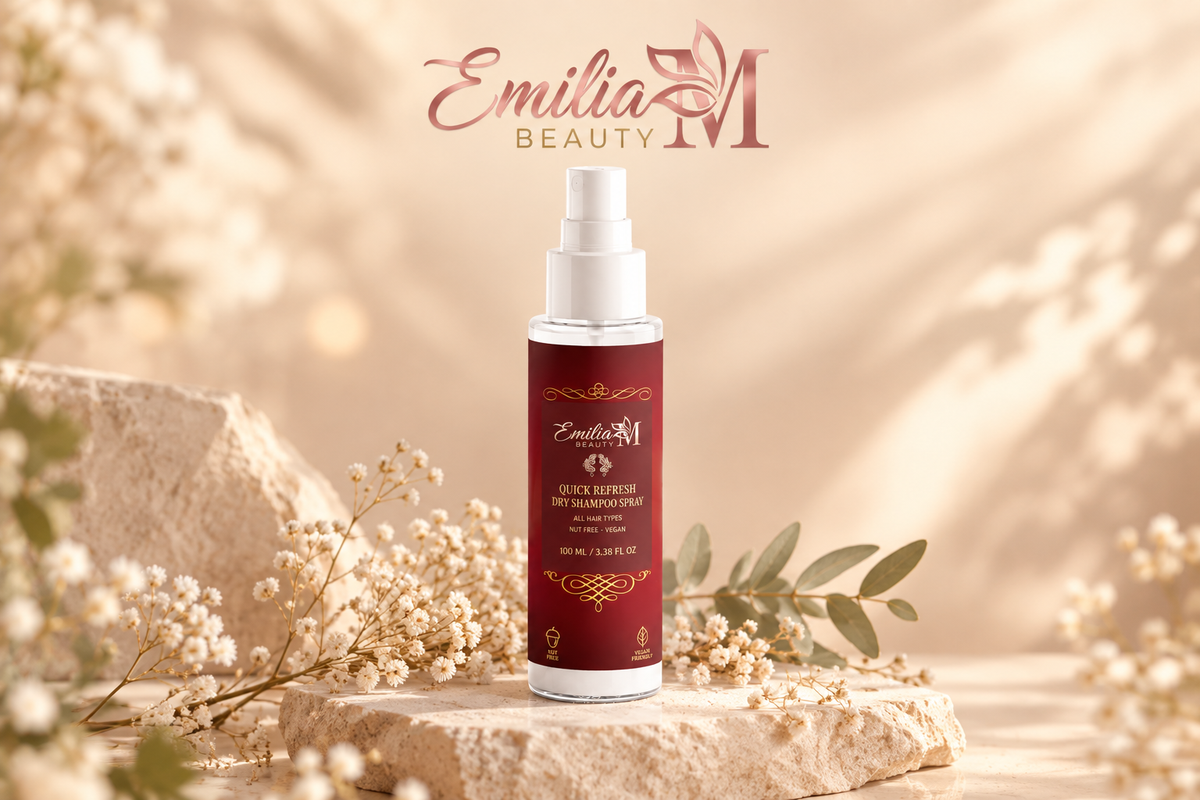 Emilia M Beauty Quick Refresh Dry Shampoo Spray bottle in a warm beige setting with white flowers and leafy branches