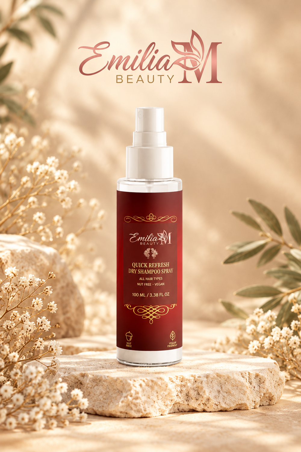 Emilia M Beauty Quick Refresh Dry Shampoo Spray bottle on a stone surface surrounded by delicate white flowers and greenery