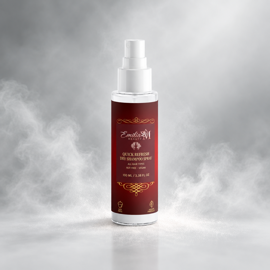 Emilia M Beauty Quick Refresh Dry Shampoo Spray 100ml on a light grey background