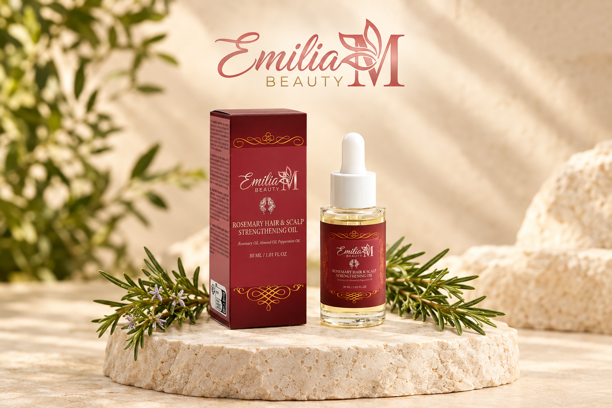 Emilia M Beauty Rosemary Hair and Scalp Strengthening Oil bottle and burgundy box in a warm beige setting framed by rosemary