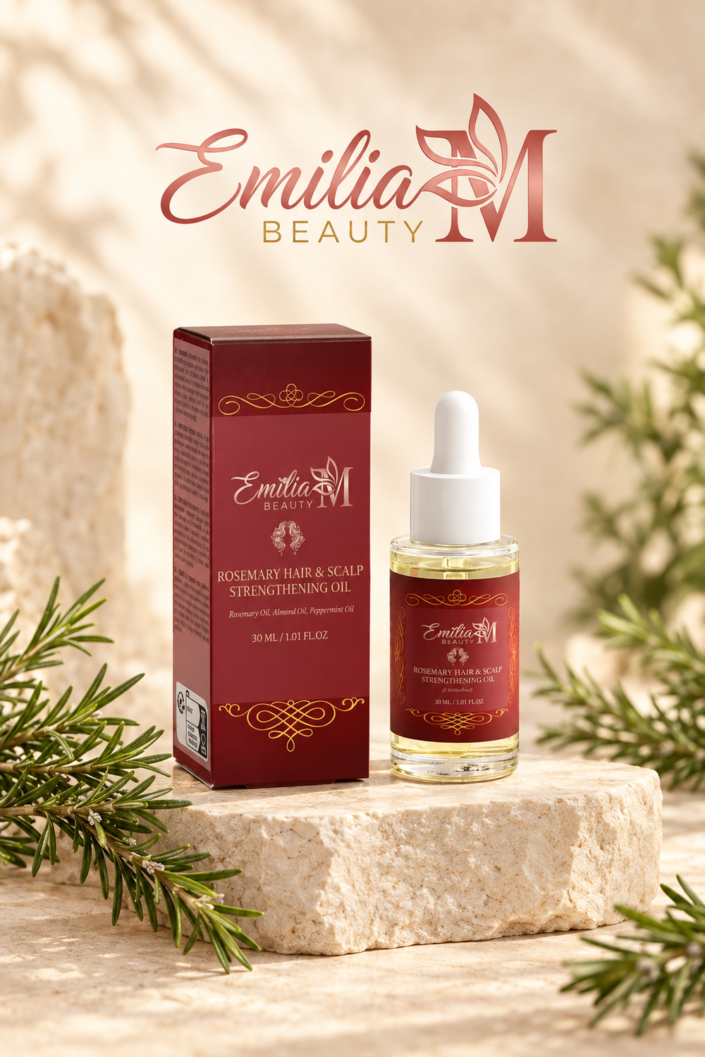 Emilia M Beauty Rosemary Hair and Scalp Strengthening Oil dropper bottle beside its burgundy box on a stone pedestal with rosemary sprigs