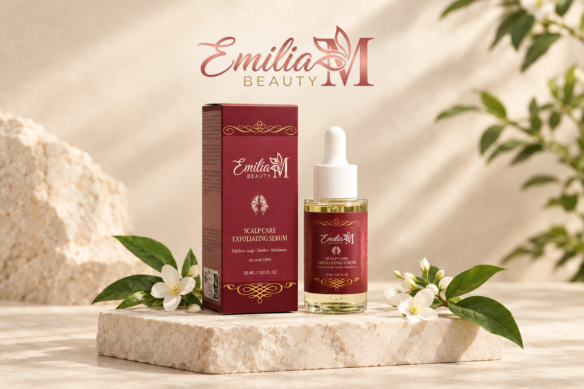 Emilia M Beauty Scalp Care Exfoliating Serum bottle and burgundy box in a beige setting with white flowers and greenery