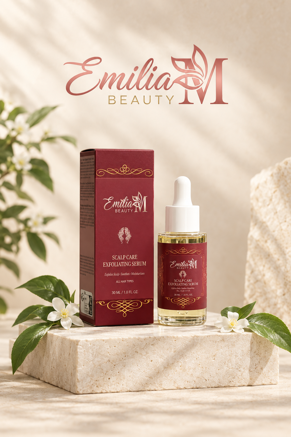 Emilia M Beauty Scalp Care Exfoliating Serum dropper bottle beside its burgundy box on a stone pedestal