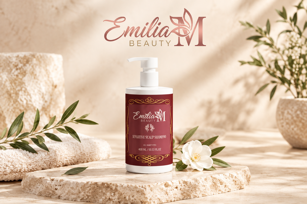 Emilia M Beauty Sensitive Scalp Shampoo pump bottle in a warm beige setting with leafy branches and natural stones
