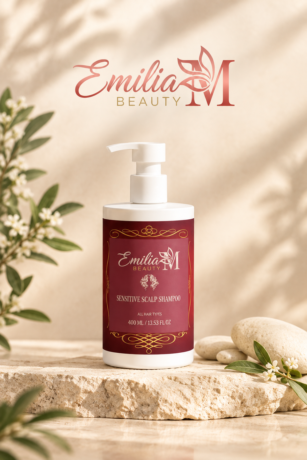 Emilia M Beauty Sensitive Scalp Shampoo pump bottle on a stone surface beside smooth pebbles and greenery