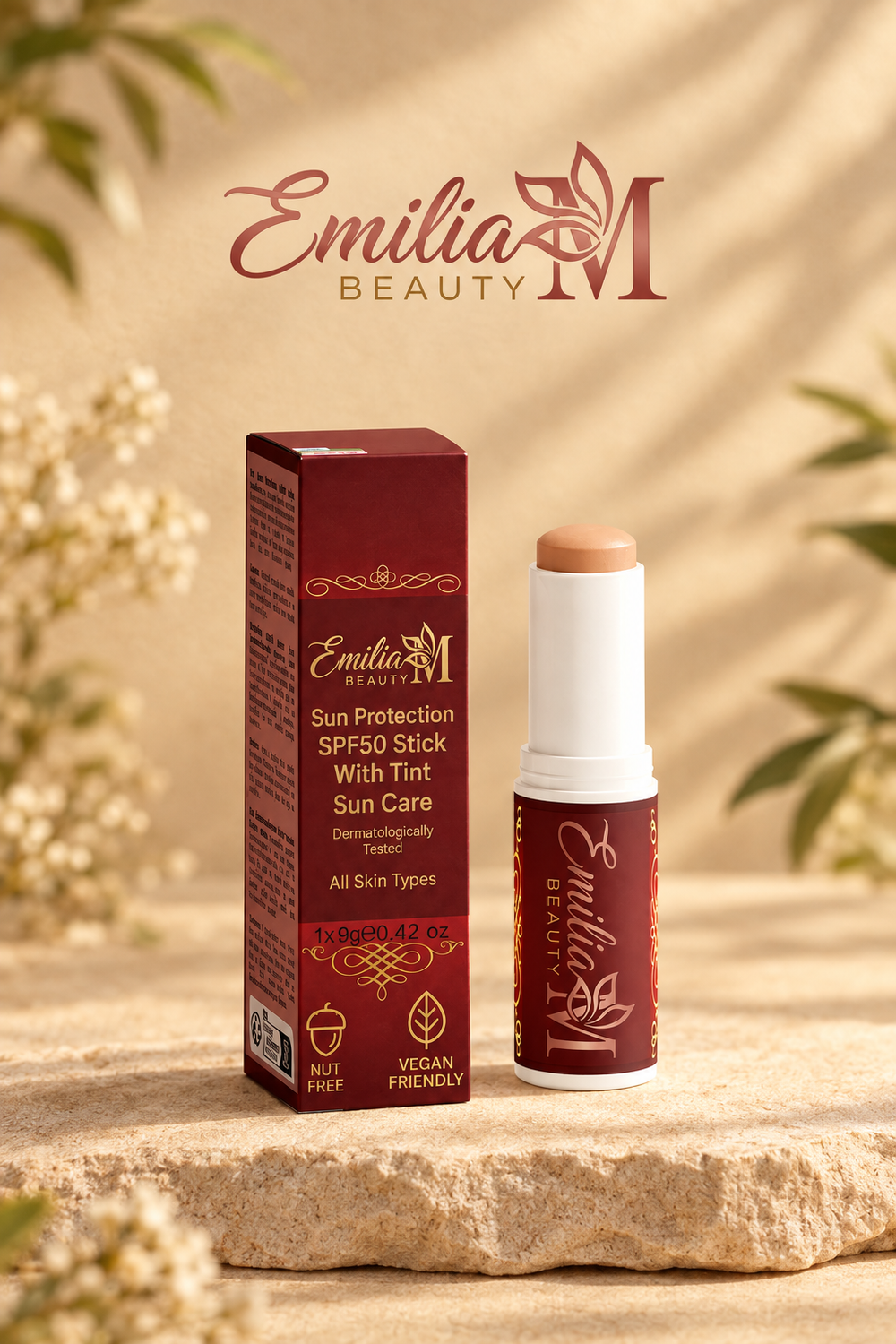 Emilia M Beauty Sun Protection SPF50 Stick With Tint standing beside its burgundy box on a stone surface