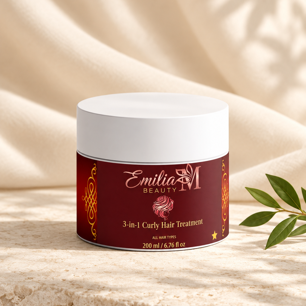 Emilia M Beauty 3-in-1 Curly Hair Treatment jar with a green botanical branch on a beige background