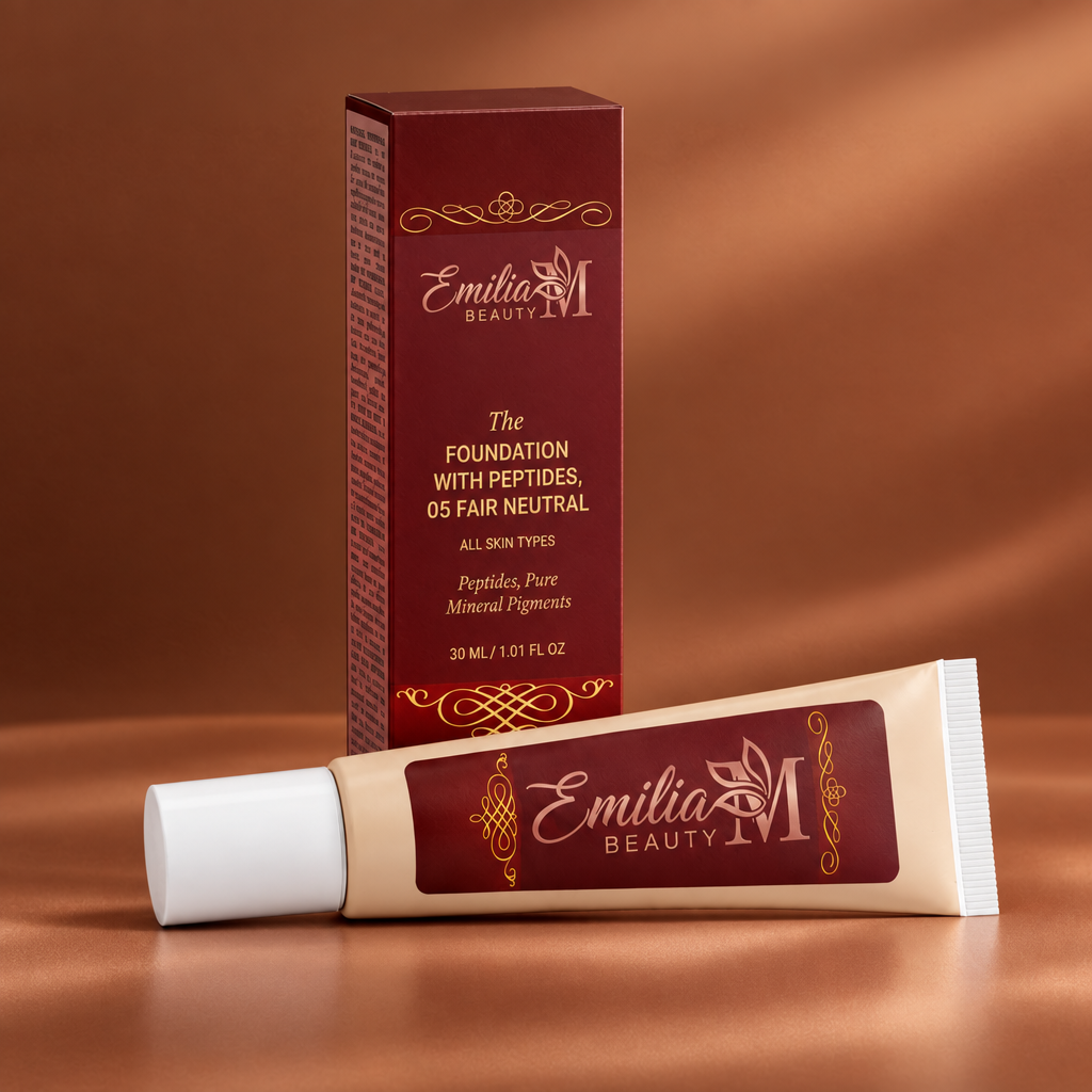 Emilia M Beauty Foundation with Peptides 05 Fair Neutral against a caramel terracotta background