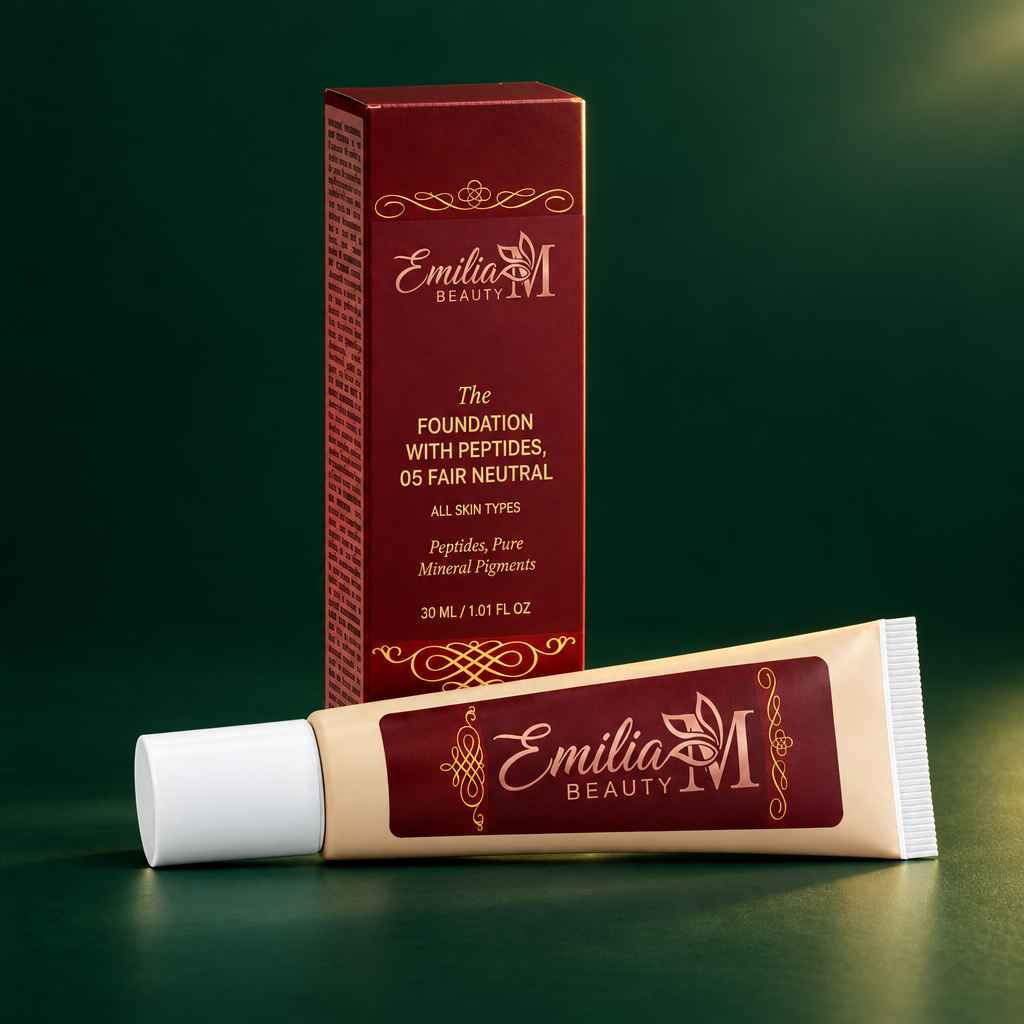 Emilia M Beauty Foundation with Peptides 05 Fair Neutral against a deep forest green background