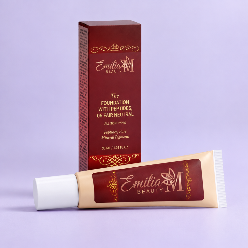 Emilia M Beauty Foundation with Peptides 05 Fair Neutral against a soft lavender background