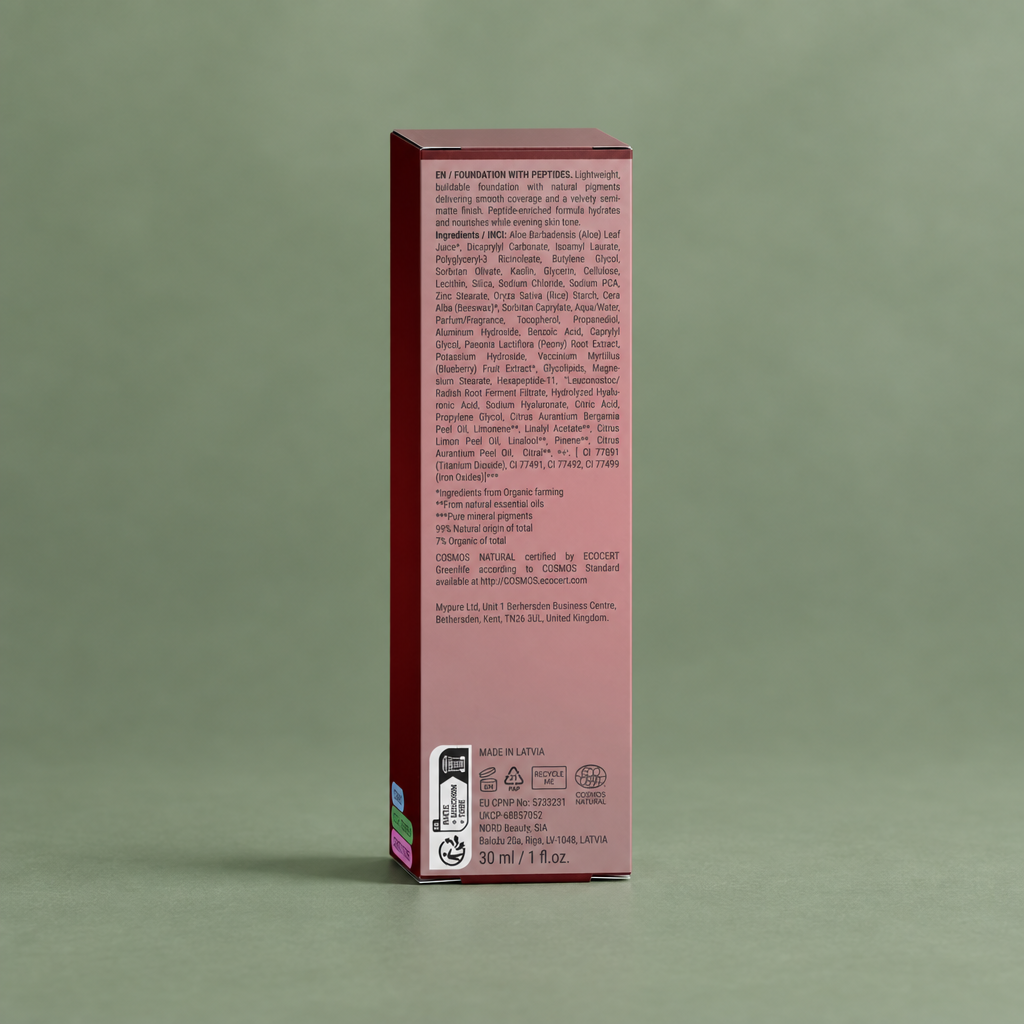 Back of Emilia M Beauty Foundation with Peptides 05 Fair Neutral packaging with product information
