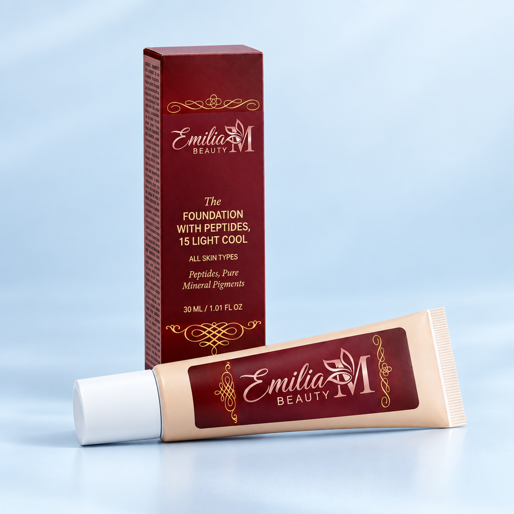 Emilia M Beauty Foundation with Peptides 15 Light Cool against an icy blue background
