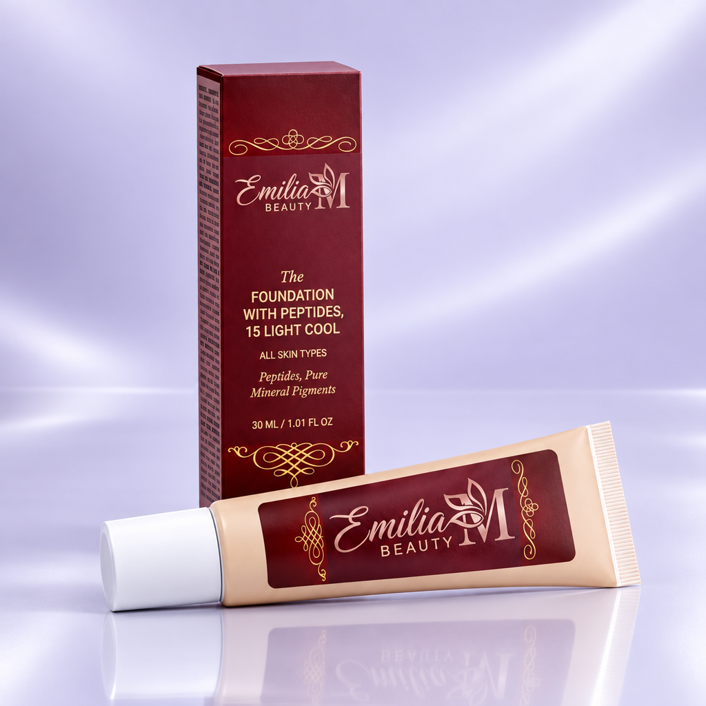 Emilia M Beauty Foundation with Peptides 15 Light Cool against a soft lavender silver background