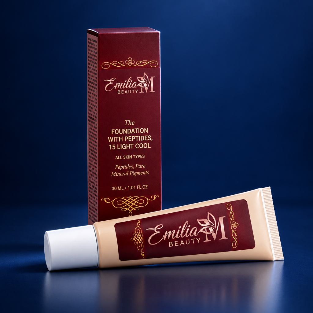 Emilia M Beauty Foundation with Peptides 15 Light Cool on a midnight blue background