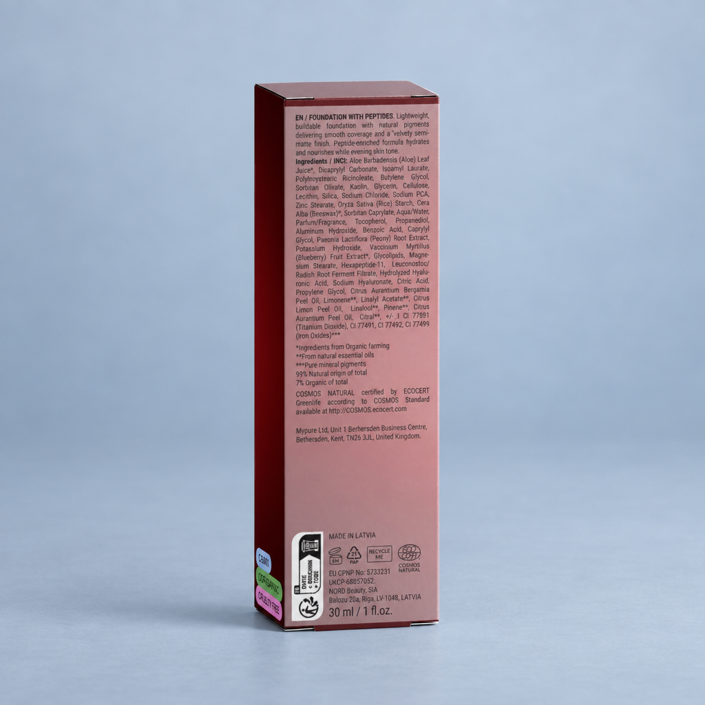 Back of Emilia M Beauty Foundation with Peptides 15 Light Cool packaging with product information