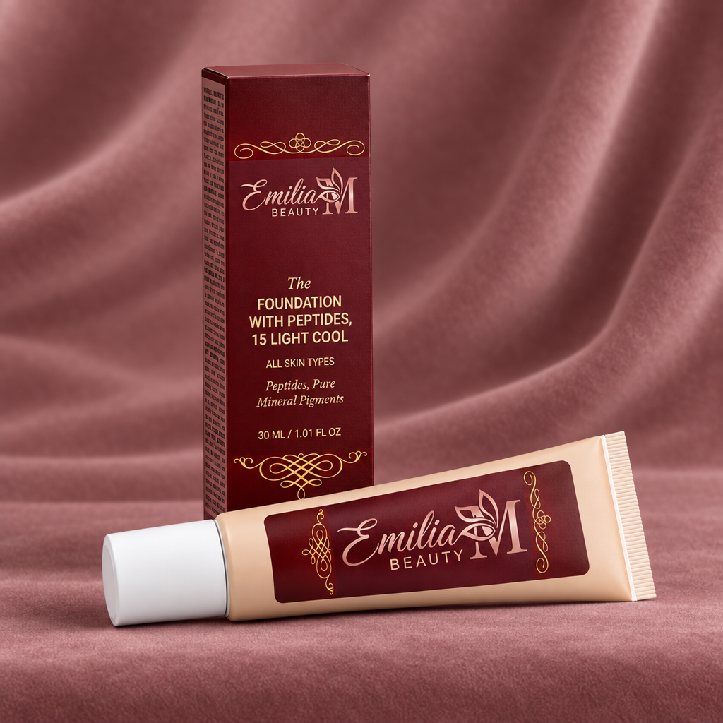 Emilia M Beauty Foundation with Peptides 15 Light Cool against a soft powder pink background