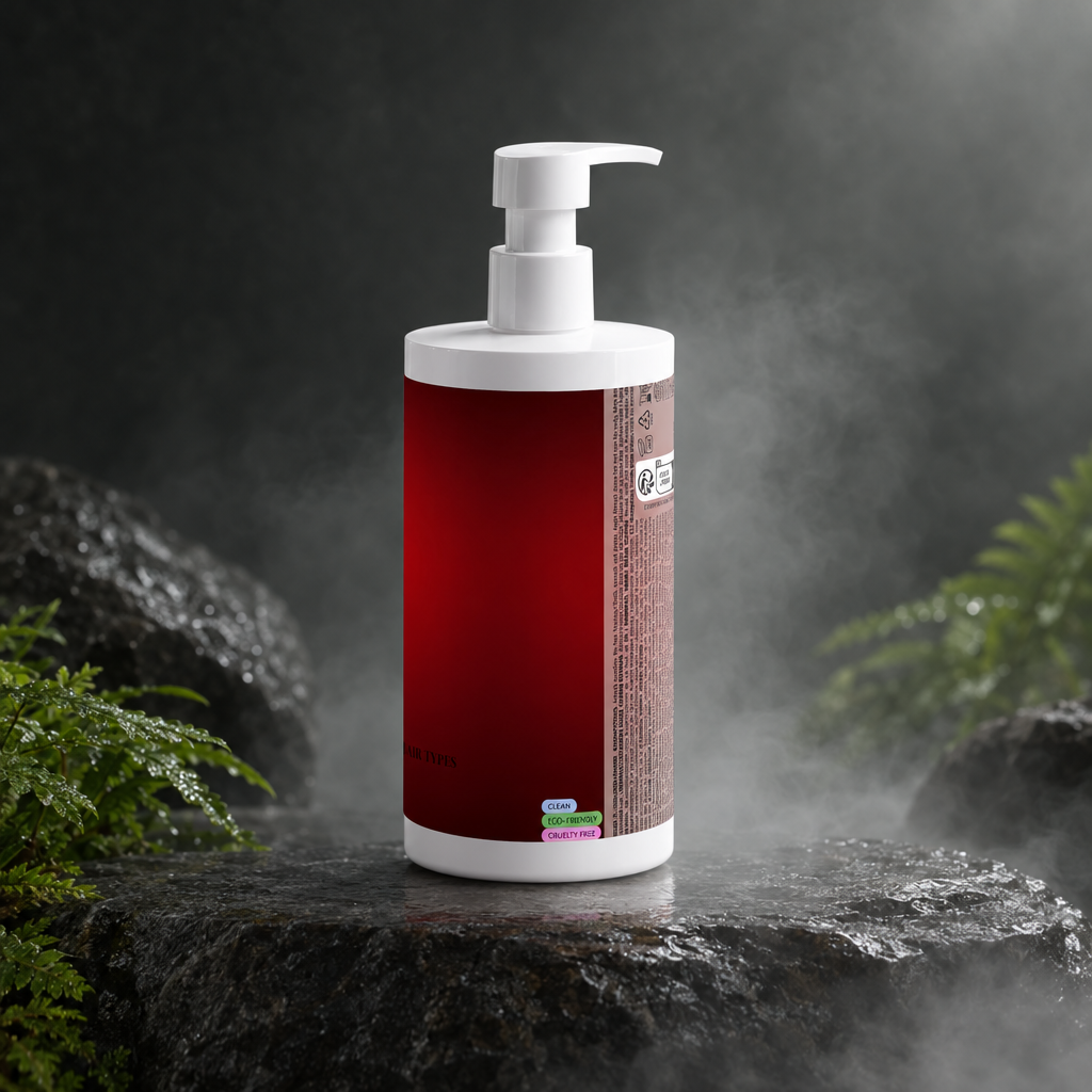 Back of Emilia M Beauty Gloss Shampoo Smoky Green Vetiver 400ml bottle showing product information