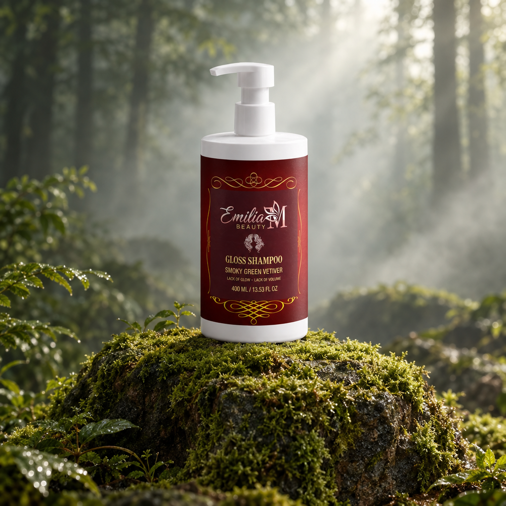 Emilia M Beauty Gloss Shampoo Smoky Green Vetiver 400ml in a misty forest-inspired setting