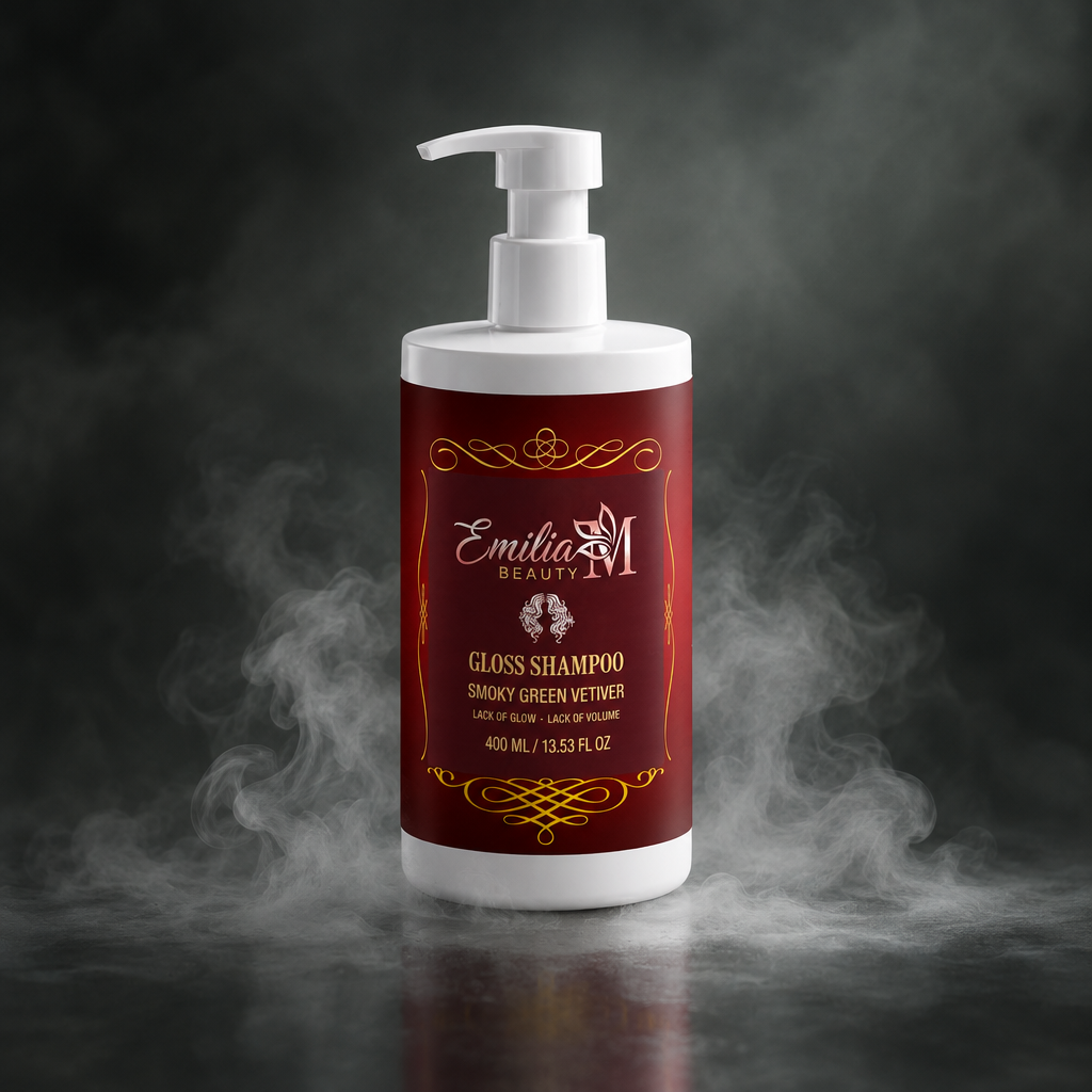 Emilia M Beauty Gloss Shampoo Smoky Green Vetiver 400ml against a smoky grey background