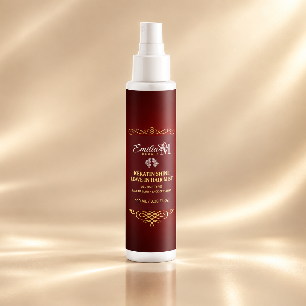 Keratin Shine matu migla uz silta šampanieša fona