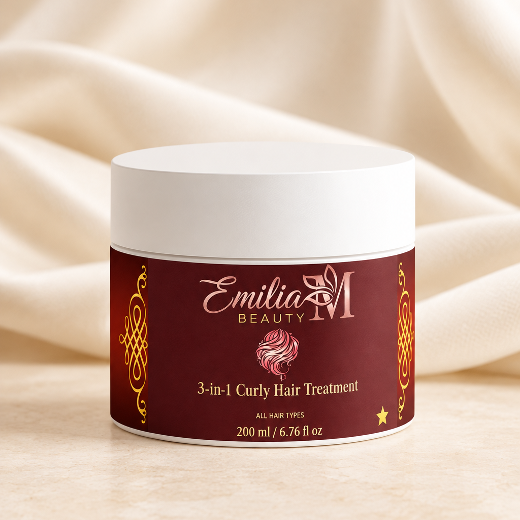 Emilia M Beauty 3-in-1 Curly Hair Treatment jar against a soft ivory fabric background