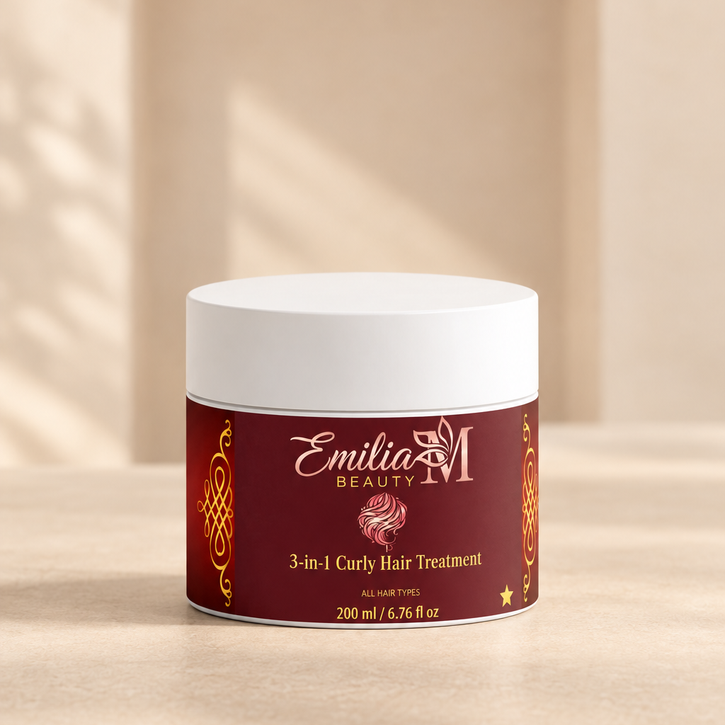 Emilia M Beauty 3-in-1 Curly Hair Treatment jar against a warm beige arch background