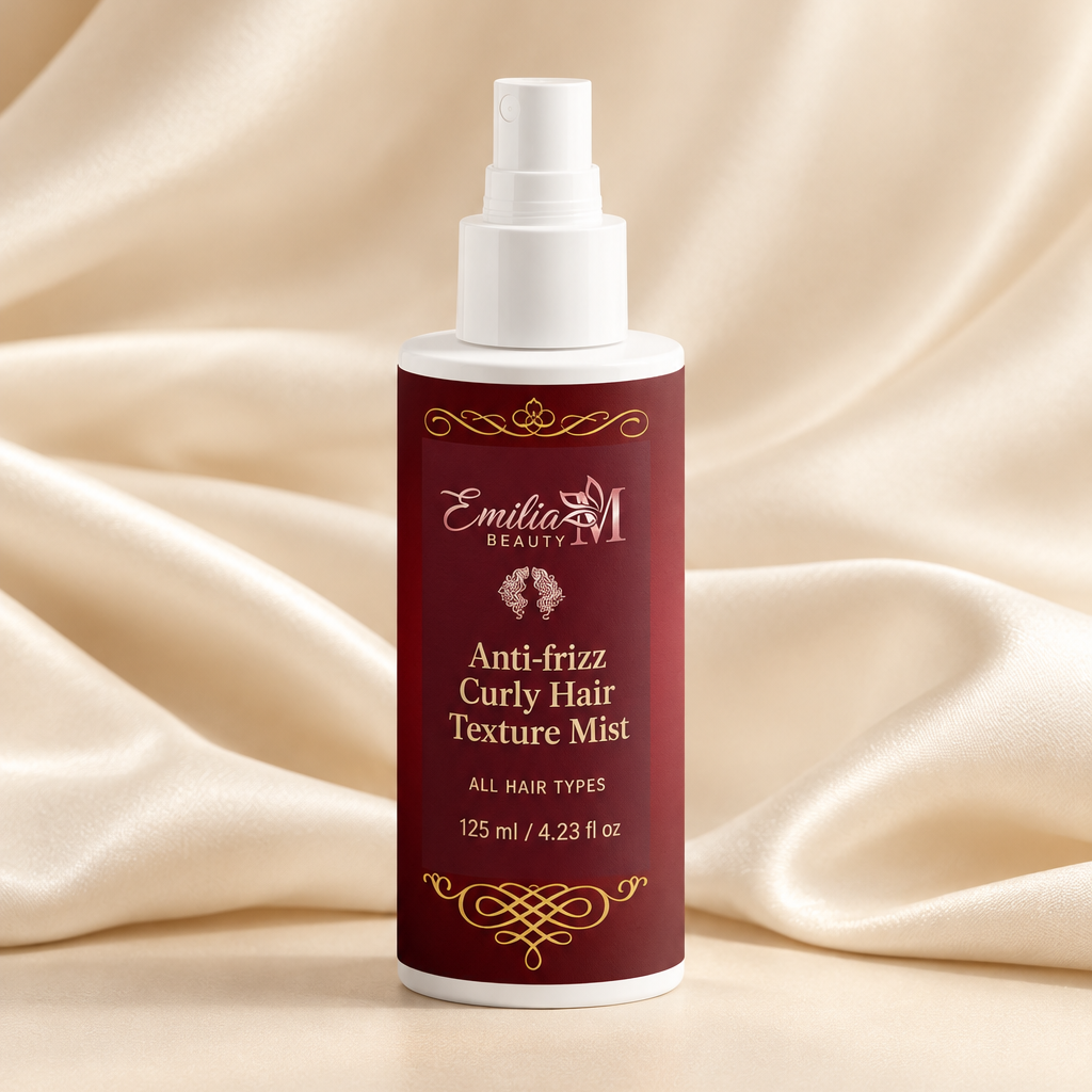Emilia M Beauty Anti-frizz Curly Hair Texture Mist bottle against a soft ivory fabric background