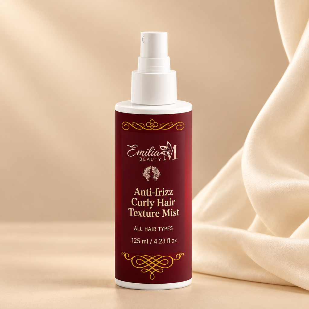 Emilia M Beauty Anti-frizz Curly Hair Texture Mist 125 ml spray bottle against a warm champagne-toned background