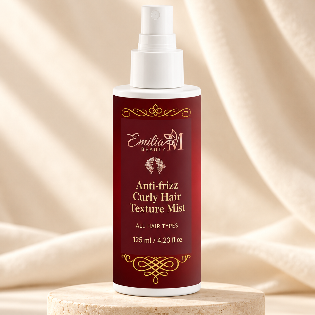Emilia M Beauty Anti-frizz Curly Hair Texture Mist bottle displayed on a light natural stone surface