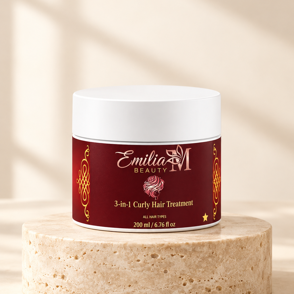 Emilia M Beauty 3-in-1 Curly Hair Treatment jar displayed on a travertine stone surface