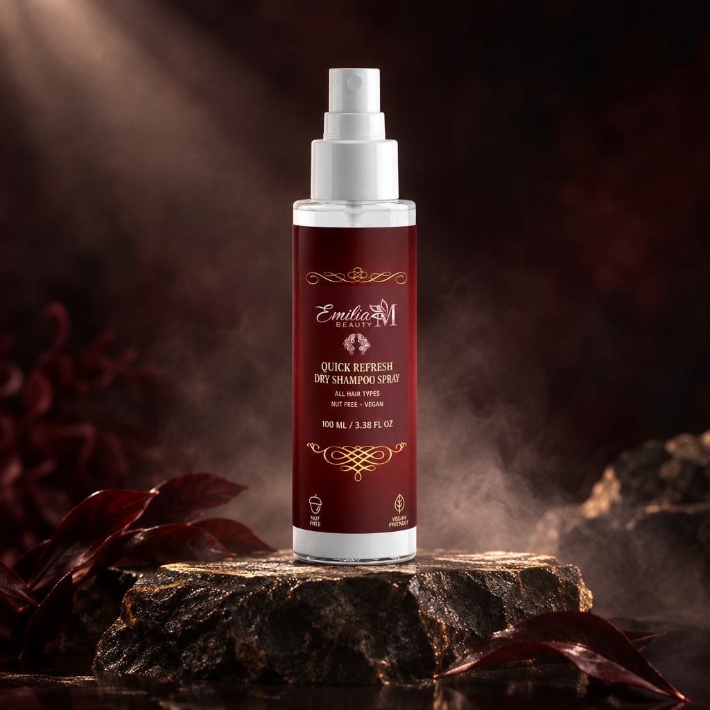 Emilia M Beauty Quick Refresh Dry Shampoo Spray 100ml against a deep burgundy background