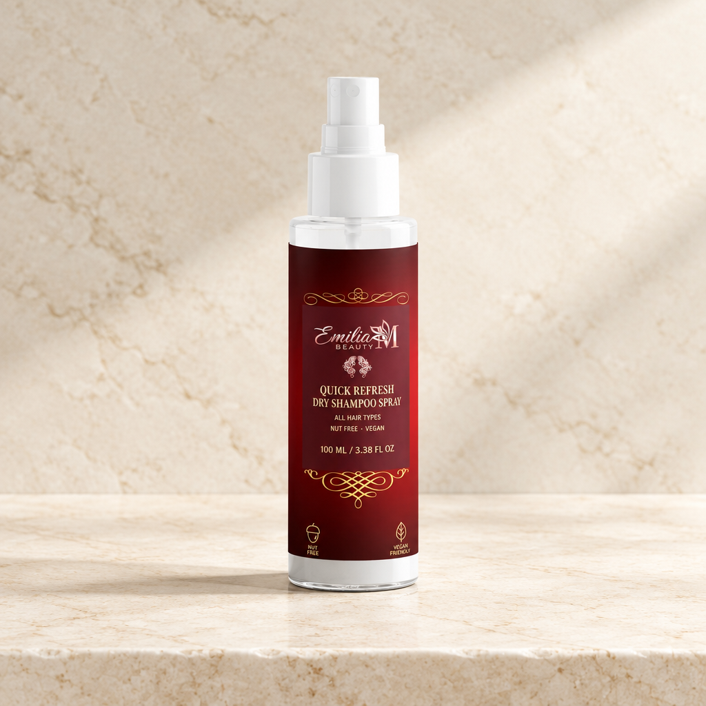 Emilia M Beauty Quick Refresh Dry Shampoo Spray 100ml on a warm stone background