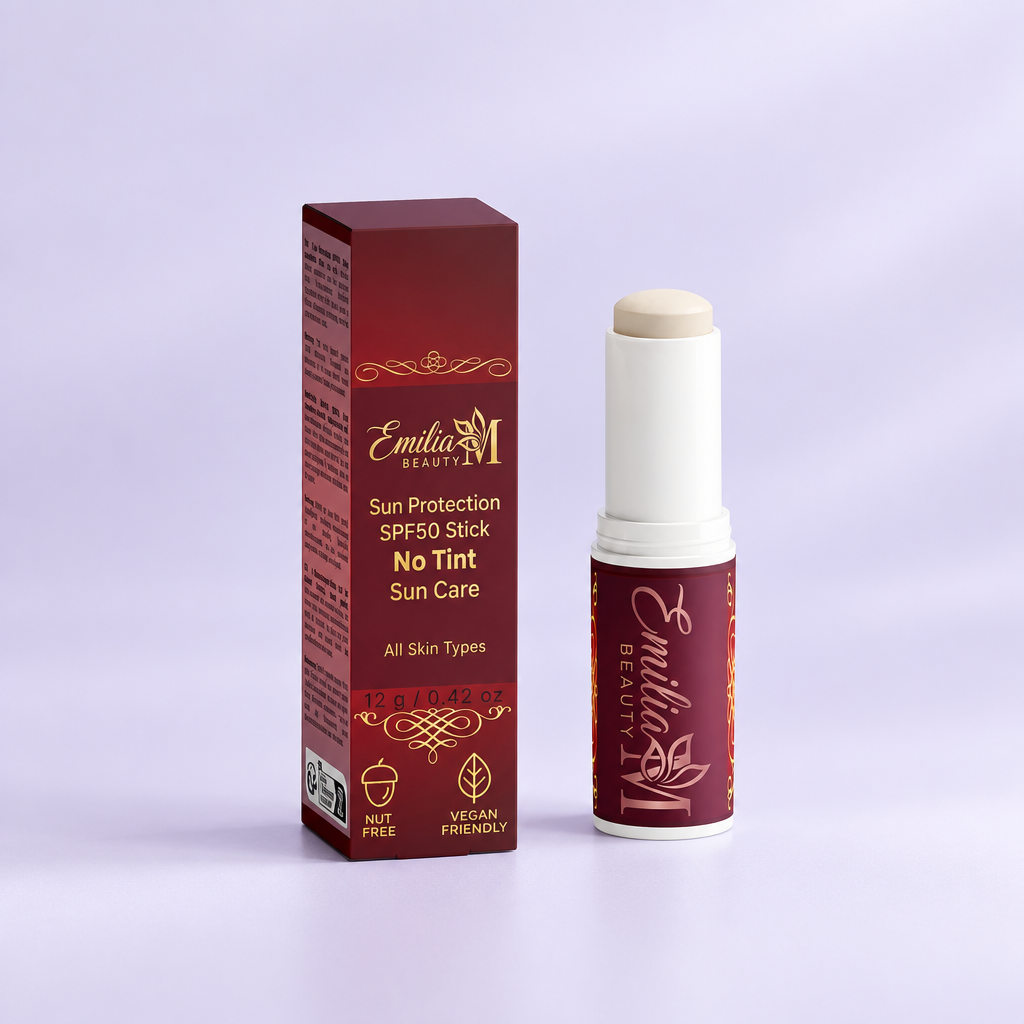Emilia M Beauty SPF50 Mineral Sunscreen Stick No Tint against a soft lavender background