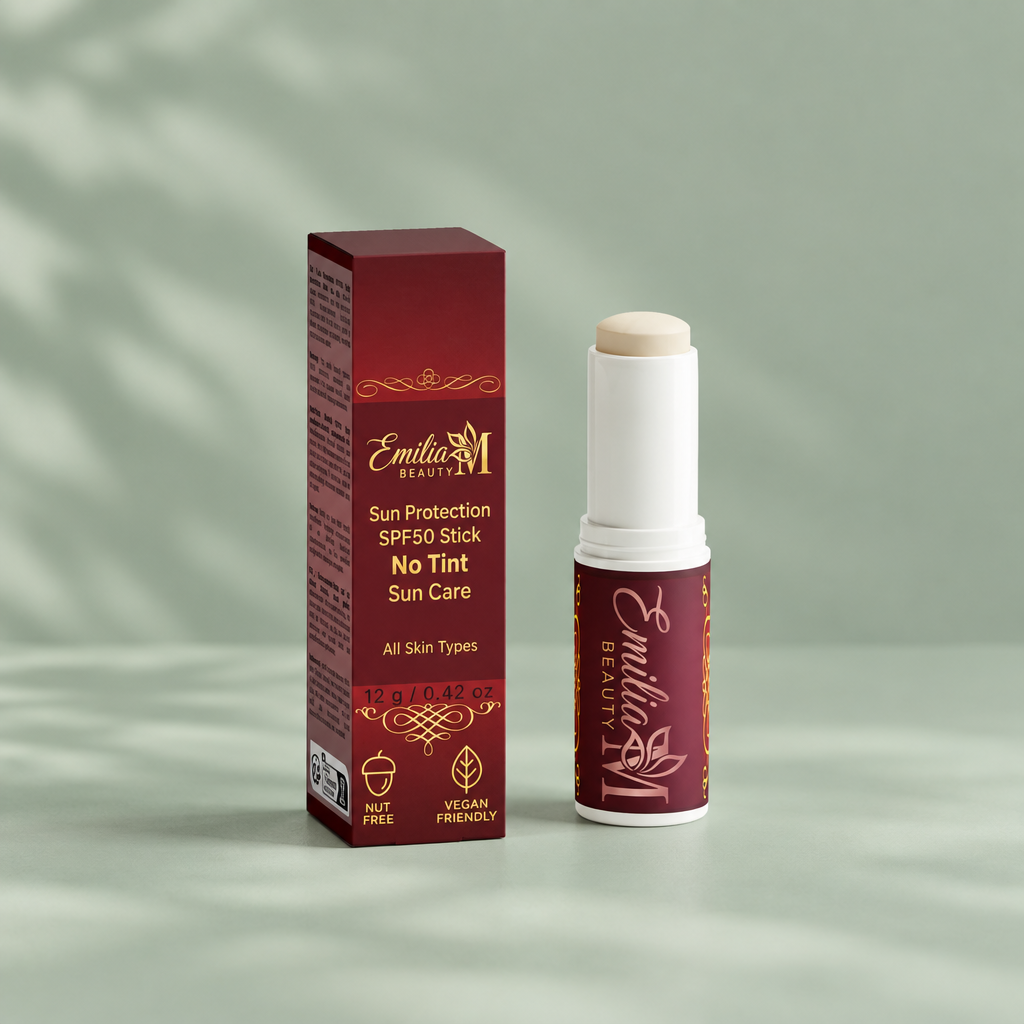 Emilia M Beauty SPF50 Mineral Sunscreen Stick No Tint against a soft sage green background