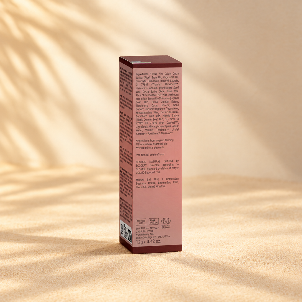 Back of Emilia M Beauty SPF50 Tinted Mineral Sunscreen Stick packaging with product information