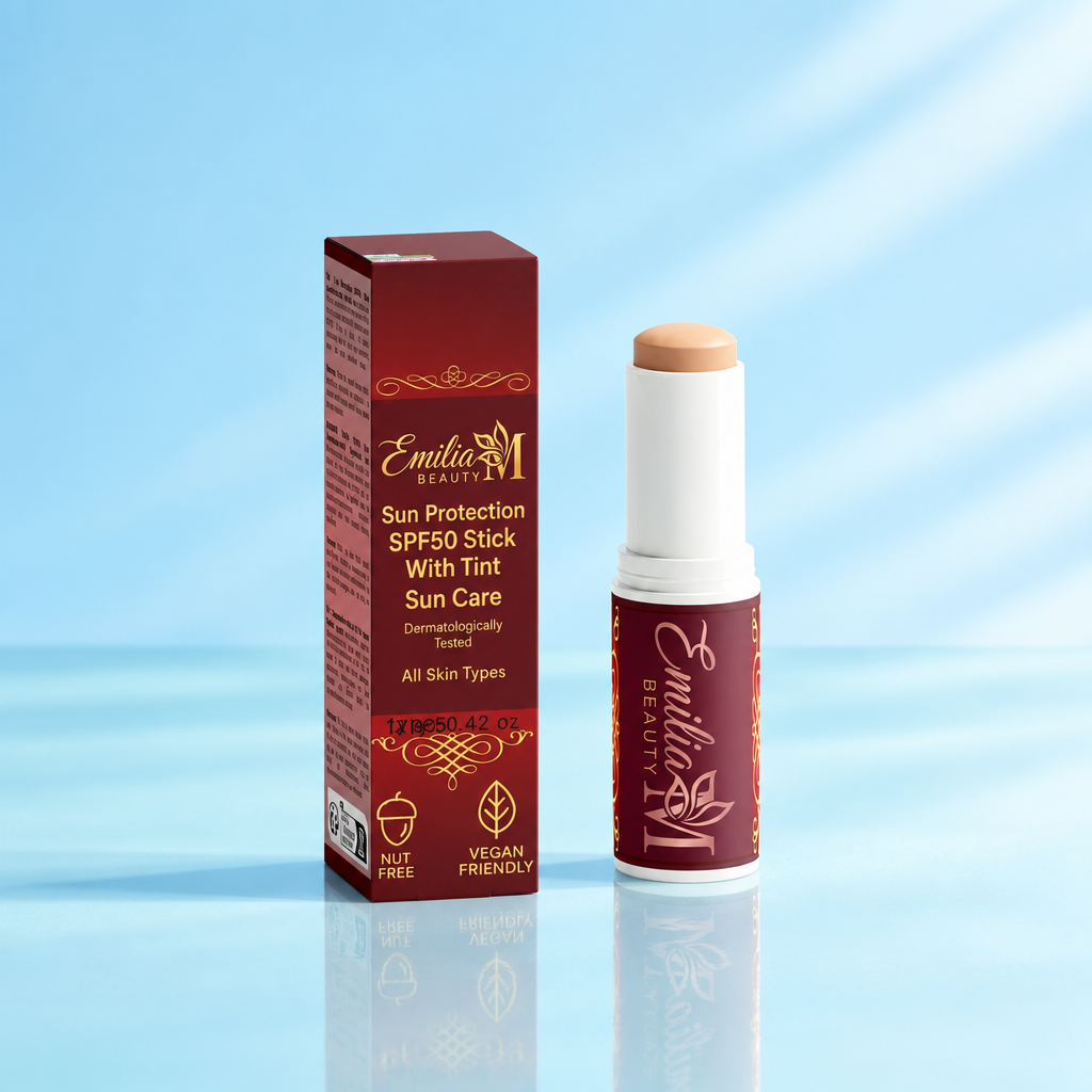 Emilia M Beauty SPF50 Tinted Mineral Sunscreen Stick against a clear sky blue background